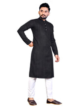 Load image into Gallery viewer, MEN&#39;s BLACK SOLID PLAIN COTTON CASUAL CHINESE NECK STRAIGHNT KURTA &amp; PYJANA SET
