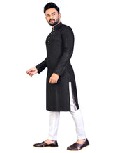 Load image into Gallery viewer, MEN&#39;s BLACK SOLID PLAIN COTTON CASUAL CHINESE NECK STRAIGHNT KURTA &amp; PYJANA SET
