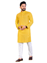 Load image into Gallery viewer, MEN&#39;s YELLOW SOLID PLAIN COTTON CASUAL CHINESE NECK STRAIGHNT KURTA &amp; PYJANA SET
