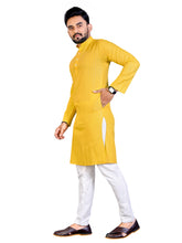 Load image into Gallery viewer, MEN&#39;s YELLOW SOLID PLAIN COTTON CASUAL CHINESE NECK STRAIGHNT KURTA &amp; PYJANA SET
