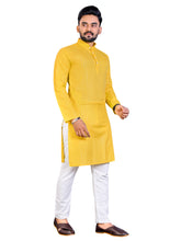 Load image into Gallery viewer, MEN&#39;s YELLOW SOLID PLAIN COTTON CASUAL CHINESE NECK STRAIGHNT KURTA &amp; PYJANA SET
