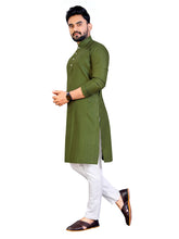 Load image into Gallery viewer, MEN&#39;s GREEN SOLID PLAIN COTTON CASUAL CHINESE NECK STRAIGHNT KURTA &amp; PYJANA SET
