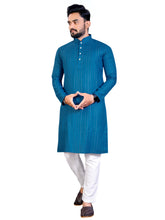 Load image into Gallery viewer, MEN&#39;s BLUE SOLID PLAIN COTTON CASUAL CHINESE NECK STRAIGHNT KURTA &amp; PYJANA SET
