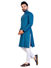 Load image into Gallery viewer, MEN&#39;s BLUE SOLID PLAIN COTTON CASUAL CHINESE NECK STRAIGHNT KURTA &amp; PYJANA SET
