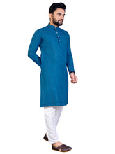 Load image into Gallery viewer, MEN&#39;s BLUE SOLID PLAIN COTTON CASUAL CHINESE NECK STRAIGHNT KURTA &amp; PYJANA SET
