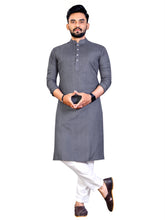 Load image into Gallery viewer, MEN&#39;s GREY SOLID PLAIN COTTON CASUAL CHINESE NECK STRAIGHNT KURTA &amp; PYJANA SET
