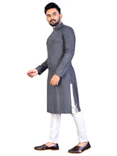 Load image into Gallery viewer, MEN&#39;s GREY SOLID PLAIN COTTON CASUAL CHINESE NECK STRAIGHNT KURTA &amp; PYJANA SET
