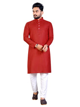 Load image into Gallery viewer, MEN&#39;s RED SOLID PLAIN COTTON CASUAL CHINESE NECK STRAIGHNT KURTA &amp; PYJANA SET
