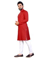 Load image into Gallery viewer, MEN&#39;s RED SOLID PLAIN COTTON CASUAL CHINESE NECK STRAIGHNT KURTA &amp; PYJANA SET
