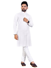 Load image into Gallery viewer, MEN&#39;s WHITE SOLID PLAIN COTTON CASUAL CHINESE NECK STRAIGHNT KURTA &amp; PYJANA SET
