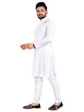 Load image into Gallery viewer, MEN&#39;s WHITE SOLID PLAIN COTTON CASUAL CHINESE NECK STRAIGHNT KURTA &amp; PYJANA SET
