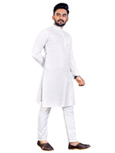 Load image into Gallery viewer, MEN&#39;s WHITE SOLID PLAIN COTTON CASUAL CHINESE NECK STRAIGHNT KURTA &amp; PYJANA SET
