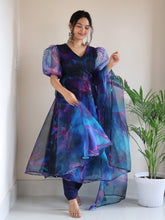 Load image into Gallery viewer, Cosmic Bloom: DUDESUNITY&#39;s Designer Digital Printed Organza Silk Anarkali Suit With Huge Flair
