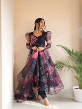 Load image into Gallery viewer, Digital printed organza silk Anarkali suit with huge flair
